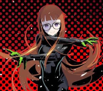 1girl black_bodysuit blunt_bangs bodysuit brown_hair closed_mouth cofffee crossed_arms floating_hair glasses hair_spread_out long_hair looking_at_viewer oracle_(persona_5) orange_hair outstretched_arms persona persona_5 polka_dot polka_dot_background purple_eyes sakura_futaba smile solo very_long_hair