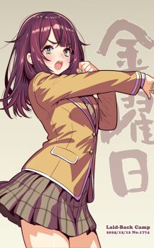 1girl blue_nails blunt_bangs bright_pupils brown_background brown_hair brown_necktie brown_skirt clenched_hand commentary_request copyright_name cowboy_shot dated green_eyes highres jacket jagi_(jagi_souken) long_hair looking_at_viewer necktie numbered open_mouth plaid_clothes plaid_skirt pleated_skirt school_uniform skirt solo striped_clothes striped_necktie teeth toki_ayano upper_teeth_only v-shaped_eyebrows yellow_jacket yurucamp