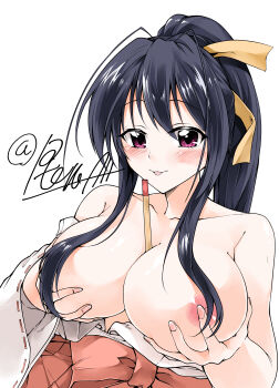 1girl absurdres antenna_hair artist_name between_breasts black_hair blush breasts breasts_out cleavage collarbone grabbing_own_breast hair_ribbon high_ponytail high_school_dxd highres himejima_akeno huge_filesize japanese_clothes large_breasts long_hair looking_at_viewer miko nipples ponytail potera purple_eyes ribbon signature simple_background smile solo tongue tongue_out topless_female very_long_hair white_background