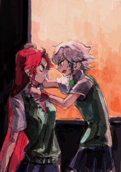 Rule 34 | 2girls, alternate costume, angry, blue eyes, braid, contemporary, female focus, grey hair, hong meiling, izayoi sakuya, long hair, multiple girls, necktie, red hair, school uniform, short hair, skirt, tima, touhou, very long hair, wristband