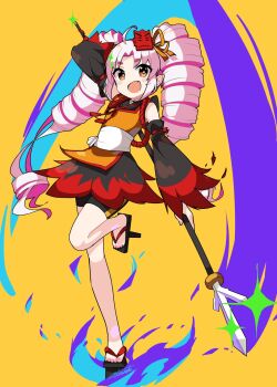 Rule 34 | 1girl, ahoge, bare shoulders, bike shorts, black dress, black sandals, black shorts, black sleeves, blush stickers, colored inner hair, detached sleeves, dress, drill hair, fang, full body, geta, hair ornament, hair ribbon, highres, holding, holding weapon, japanese clothes, kimono, kimono dress, long hair, long sleeves, multicolored dress, multicolored hair, onikko hunter tsuina-chan, open mouth, orange dress, orange eyes, orange ribbon, parted bangs, pink hair, pointy ears, polearm, red dress, red sleeves, ribbon, sandals, sash, shorts, simple background, sleeveless, sleeveless dress, smile, solo, sparkle, spear, standing, standing on one leg, tengu-geta, tsuina-chan, twin drills, very long hair, voiceroid, weapon, white hair, white sash, wide sleeves, yanagita kousuke, yellow background
