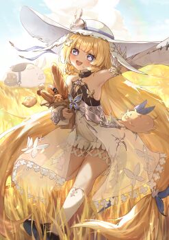 +_+ 1girl :d absurdres armpits blonde_hair breasts commentary_request detached_sleeves dress duet_night_abyss filbert_(duet_night_abyss) food hat highres long_hair looking_at_viewer nekoplanetouo open_mouth pig small_breasts smile teeth truffle_(duet_night_abyss) upper_teeth_only very_long_hair white_hat