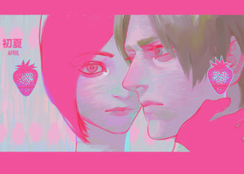 1boy 1girl ada_wong april black_hair blonde_hair border closed_mouth commentary couple food fruit gloves hand_on_another&#039;s_cheek hand_on_another&#039;s_face hetero highres leon_s._kennedy letterboxed parted_bangs peanut9021 pink_border pink_gloves resident_evil short_hair sketch strawberry symbol-only_commentary upper_body