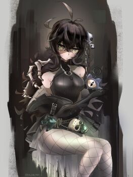 ahoge bare_shoulders black_dress black_hair bone breasts chain commentary dress english_commentary expressionless fishnet_pantyhose fishnets grimmi_(vtuber) grimmi_(necromancer)_(vtuber) hair_between_eyes highres indie_virtual_youtuber leotard long_hair mandarin_collar medium_breasts off_shoulder official_alternate_costume orb pale_skin pantyhose rawsalmon robe shaded_face sitting skelter_(grimmivt) skull very_long_hair virtual_youtuber