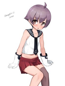 1girl absurdres ahoge anchor_symbol black_sailor_collar brown_eyes dated flat_chest gloves grey_hair grey_thighhighs highres kantai_collection maru_(marg0613) no_dickey one-hour_drawing_challenge pleated_skirt red_skirt sailor_collar sailor_shirt sakawa_(kancolle) school_uniform serafuku shirt simple_background single_thighhigh skirt sleeveless sleeveless_shirt solo thighhighs twitter_username white_background white_gloves white_shirt