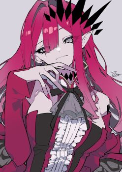 1girl baobhan_sith_(fate) baobhan_sith_(first_ascension)_(fate) bare_shoulders breasts center_frills detached_collar detached_sleeves dress earrings fate/grand_order fate_(series) frills grey_eyes highres jewelry large_breasts long_hair looking_at_viewer pink_hair pointy_ears ppps red_dress revision sidelocks smile solo tiara