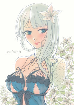 1girl absurdres artist_name asymmetrical_bangs averting_eyes bandaged_arm bandaged_neck bandages blue_eyes blush braid braided_hair_rings breasts closed_mouth commentary english_commentary flower grey_hair hair_flower hair_ornament hair_rings highres kaine_(nier) large_breasts leofoxart lingerie long_hair negligee nier nier_(series) parted_bangs pink_lips solo underwear upper_body white_flower
