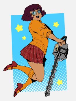 1girl brown_hair chainsaw freckles full_body glasses highres holding holding_chainsaw looking_at_viewer officeanomaly open_mouth orange_socks orange_sweater rectangular_eyewear red-framed_eyewear red_skirt scooby-doo short_hair skirt smile socks solo star_(symbol) sweater turtleneck turtleneck_sweater velma_dinkley