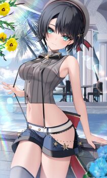 1girl absurdres aqua_eyes back_bow black_bow black_bowtie black_hair black_panties blue_flower blue_shorts blue_sky bow bowtie breasts brooch clothing_cutout cloud commentary cropped_shirt day flower grey_hat grey_shirt hat highres hip_vent hololive jewelry lace lace-trimmed_panties lace_trim large_bow looking_at_viewer medium_breasts midriff navel ocean official_alternate_costume oozora_subaru oozora_subaru_(suspenders) panties panty_peek pinstripe_pattern pinstripe_shirt sailor_hat shirt short_hair shorts sky sleeveless sleeveless_shirt solo star_brooch suspenders swept_bangs thomas_8000 underwear virtual_youtuber