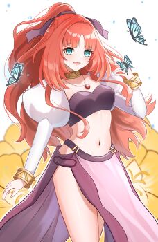 1girl absurdres alternate_costume alternate_hairstyle aqua_eyes bandeau black_bandeau blue_butterfly blush bracelet bug butterfly commentary_request commission detached_sleeves gem genshin_impact hand_up highres insect jewelry juliet_sleeves long_hair long_sleeves mako_(cvyt5325) navel necklace nilou_(genshin_impact) open_mouth pelvic_curtain pixiv_commission puffy_sleeves red_gem red_hair solo stomach very_long_hair white_sleeves