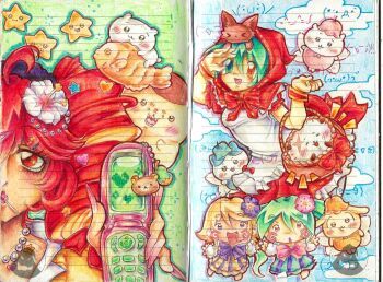 3girls basket blush cat cellphone charm_(object) chibi chiikawa chiikawa_(character) cloud cosplay drill_hair fish fish_(food) flip_phone flower fried_fish gyaru hachiware_(chiikawa) hair_flower hair_ornament hatsune_miku hatsune_miku_(colorful_drop) hatsune_miku_(mikuzukin) heart heterochromia holding holding_basket jewelry kagamine_rin kagamine_rin_(cheerful_candy) kasane_teto lennardo_(grim_the_end) little_red_riding_hood_(fairy_tale_character) makeup multiple_girls necklace pearl_necklace phone pompompurin project_diva_(series) project_diva_f_2nd red_eyes red_hair rilakkuma san-x sanrio star_(symbol) twin_drills usagi_(chiikawa) wolf