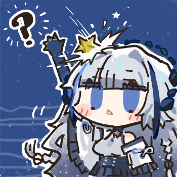 Rule 34 | 1girl, :<, ?, arm up, blue eyes, blue hair, chibi, chibi only, chinese commentary, cui pi zha xia qiu, girls' frontline, girls' frontline neural cloud, grey hair, grey shirt, hubble (neural cloud), long hair, official art, second-party source, shirt, solo, star (symbol)