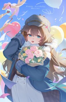 Rule 34 | 1girl, :d, absurdres, adjusting hair, balloon, blue background, blue coat, blue eyes, bouquet, brown gloves, brown hair, changi 16, character name, coat, commentary request, dress, english text, flower, gloves, grey hat, hand up, happy birthday, hat, heart balloon, highres, holding, holding bouquet, korean commentary, long hair, looking at viewer, marcus (reverse:1999), mole, mole under eye, newsboy cap, open clothes, open coat, open mouth, pink flower, pink rose, reverse:1999, rose, scarf, smile, solo, streamers, too many balloons, upper body, white dress, white scarf