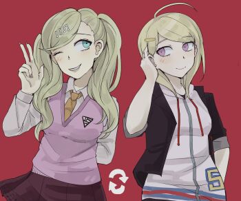 2girls ahoge akamatsu_kaede akamatsu_kaede_(cosplay) blonde_hair blue_eyes chez_(gooselover) commentary cosplay costume_switch crossover danganronpa_(series) danganronpa_v3:_killing_harmony english_commentary erika_harlacher fortissimo hair_ornament hairclip highres hood hooded_jacket hoodie jacket long_hair long_sleeves megami_tensei multiple_girls musical_note musical_note_hair_ornament musical_note_print necktie orange_necktie persona persona_5 pink_eyes pink_sweater_vest pink_vest red_background school_uniform shirt short_hair shuujin_academy_school_uniform simple_background smile sweater_vest takamaki_anne takamaki_anne_(cosplay) twintails vest voice_actor_connection