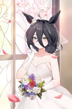 1girl absurdres ahoge alternate_hairstyle animal_ears bare_shoulders blonde_hair bouquet closed_mouth collarbone commentary dress ear_flower english_commentary falling_petals flower gloves hair_between_eyes hair_bun hands_up highres holding holding_bouquet horse_ears horse_girl long_bangs long_hair_between_eyes looking_at_viewer manhattan_cafe_(umamusume) multicolored_hair no_bra petals shinnytofu single_hair_bun smile solo umamusume variant_set veil white_dress white_flower white_gloves white_hair white_veil window yellow_eyes