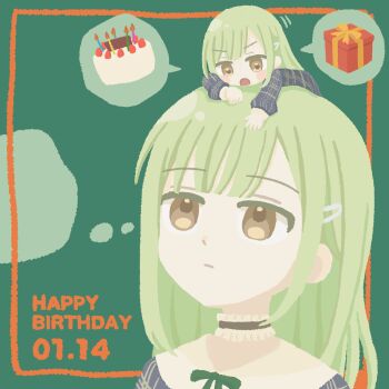 2girls bang_dream! bang_dream!_it's_mygo!!!!! birthday_cake blue_dress blunt_bangs box cake closed_mouth commentary dress dual_persona food gift gift_box green_background green_hair highres long_hair looking_at_another looking_up mini_person minigirl mortis_(bang_dream!) mortis_(persona)_(bang_dream!) multiple_girls norai_(nora1_09) on_head speech_bubble spoken_food spoken_object symbol-only_commentary thought_bubble upper_body wakaba_mutsumi yellow_eyes