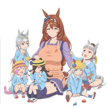 6+girls absurdres ahoge animal_ears apron bandaid bandaid_on_leg black_hair black_hat black_socks blue_eyes blue_shirt blue_shorts blue_socks blunt_bangs bow bowl braid brown_hair carrot_print closed_eyes closed_mouth clothes_grab collared_shirt commentary dirty dirty_face ear_bow ear_covers ear_ornament ears_down ears_through_headwear eating fang food_print frown gold_ship_(umamusume) grey_hair grey_socks hair_ornament hand_on_another&#039;s_head hand_on_another&#039;s_shoulder hand_on_own_knee haru_urara_(umamusume) hat highres holding holding_bowl holding_spoon horse_ears horse_girl horse_tail indian_style kindergarten_uniform long_hair long_sleeves looking_at_another miniskirt multiple_girls name_tag oguri_cap_(umamusume) on_lap open_mouth orange_apron pillbox_hat pink_hair pleated_skirt purple_eyes purple_sailor_collar purple_shirt purple_skirt purple_thighhighs red_socks rice_shower_(umamusume) sailor_collar school_hat school_uniform seiza shibakarisena shirt shoes short_hair shorts sitting skirt smile socks spoon squatting standing super_creek_(umamusume) tail tamamo_cross_(umamusume) thighhighs tracen_school_uniform umamusume uwabaki winter_uniform yellow_hat