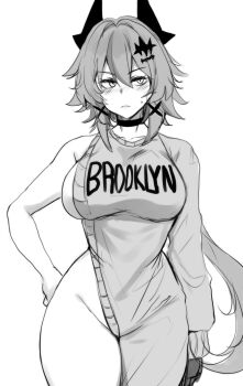 1girl absurdres breasts brooklyn_sweater caesar_king_(zenless_zone_zero) choker commentary cowboy_shot facing_viewer gloves greyscale hair_ornament hairclip highres hinghoi large_breasts looking_to_the_side low_ponytail monochrome ponytail sideways_glance simple_background solo sweat white_background zenless_zone_zero