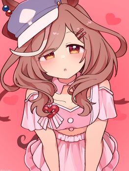 1girl animal_ears blue_hat blush bow breasts brown_hair clothing_cutout cropped_shirt ear_ornament ear_ribbon ears_through_headwear hair_ornament hairclip hat highres horse_ears horse_girl horse_tail layered_skirt looking_at_viewer matikanetannhauser_(umamusume) medium_breasts medium_hair meni_shuki_rush-sshu! midriff multicolored_hair newsboy_cap open_mouth pink_shirt pink_skirt shirt shoulder_cutout skirt solo streaked_hair tail tilted_headwear umamusume yellow_eyes yuyunoya