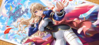 1girl birthday blonde_hair blue_sky breasts cloud code_geass code_geass:_boukoku_no_akito code_geass:_lost_stories f4samurai hair_bun happy_birthday highres leila_malcal long_hair official_art purple_eyes single_hair_bun sky smile solo teeth