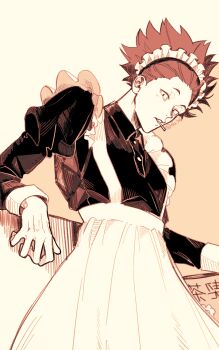 Rule 34 | 1boy, alternate costume, apron, collared dress, commentary request, crossdressing, crossdressing (mtf), dress, frilled apron, frills, from below, haikyuu!!, highres, lollipop in mouth, maid, maid apron, maid headdress, male focus, male maid, short hair, solo, tendou satori, tkr 241, twitter username, waist apron, white apron