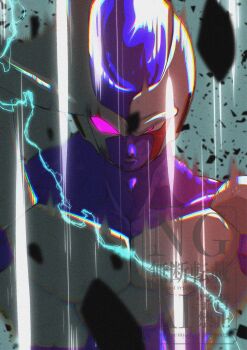 1boy colored_skin cooler_(dragon_ball) debris dragon_ball dragonball_z grey_background highres male_focus powering_up purple_eyes purple_skin solo stktik09060906 transformation upper_body