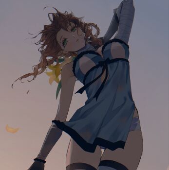 Rule 34 | aerith gainsborough, aerith gainsborough (garb of the possessed), bandaged arm, bandaged neck, bandages, blue negligee, bouquet, braid, braided hair rings, breasts, brown hair, clothing cutout, commentary, cosplay, detached sleeves, falling petals, final fantasy, final fantasy vii, final fantasy vii: ever crisis, flower, green eyes, hair rings, highres, holding, holding bouquet, kaine (nier), kaine (nier) (cosplay), light blush, lily (flower), lingerie, long hair, looking at viewer, medium breasts, negligee, official alternate costume, official alternate hairstyle, panties, parted bangs, parted lips, petals, sidelocks, single bare shoulder, stomach cutout, thigh gap, thigh strap, underwear, white panties, yaoko, yellow flower, yellow petals