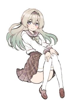 Rule 34 | 1girl, 5rwpvc, absurdres, blue pupils, blush, bow, bowtie, brown sailor collar, brown shoes, brown skirt, closed mouth, collared shirt, gradient hair, green bow, green bowtie, grey hair, hair between eyes, hair intakes, hands on own knees, highres, honkai: star rail, honkai (series), long hair, long sleeves, looking at viewer, multicolored eyes, multicolored hair, plaid bow, plaid bowtie, plaid clothes, pleated skirt, sailor collar, shirt, shoes, simple background, skirt, smile, solo, thighhighs, white background, white shirt, white sleeves, white thighhighs