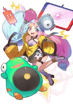 1girl absurdres bare_shoulders bellibolt blue_hair blush boots bow-shaped_hair breasts character_hair_ornament clip_studio_paint_(medium) gen_4_pokemon grey_footwear grey_pantyhose hair_ornament halterneck hexagon_print high_heel_boots high_heels highres iono_(pokemon) jacket kikkaiki lightning_bolt_symbol long_hair long_sleeves low-tied_long_hair medium_breasts multicolored_hair nintendo open_mouth oversized_clothes pantyhose pink_hair play_button pokemon pokemon_(creature) pokemon_sv rotom rotom_phone screen screw sharp_teeth shirt single_leg_pantyhose sleeveless sleeves_past_fingers sleeves_past_wrists smile split-color_hair star_(symbol) teeth thigh_strap two-tone_hair x_(symbol) yellow_jacket