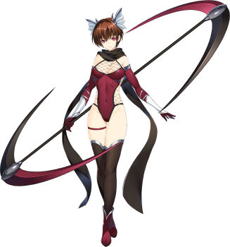 1girl black_scarf black_thighhighs breasts brown_hair choukou_(alicesoft) choukou_taisen_escalation_heroines cleavage covered_navel elbow_gloves full_body gloves highres holding holding_scythe holding_weapon kagura_izumi looking_at_viewer official_art red_eyes scarf scythe short_hair smile solo thighhighs thighs weapon yoru_ga_kuru! yuunagi_(seventh_heaven)