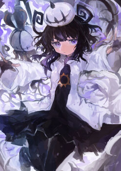 1girl absurdres black_dress black_hair black_pantyhose blunt_bangs bob_cut chandelure closed_mouth coat dress gen_5_pokemon gloves gradient_hair hat highres kaamin_(mariarose753) long_sleeves looking_at_viewer mega_chandelure multicolored_hair nintendo open_clothes pantyhose partially_fingerless_gloves pokemon pokemon_(creature) pokemon_legends:_z-a purple_eyes purple_hair short_hair white_coat wide_sleeves