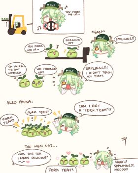 Rule 34 | > <, 1girl, :d, = =, arm up, baseball cap, branch, ceres fauna, commentary, english commentary, english text, eyes visible through hair, forklift, green hair, hair over one eye, hat, heart, highres, hololive, hololive english, long hair, open mouth, sapling, sappysque, smile, steering wheel, virtual youtuber, xd, yellow eyes