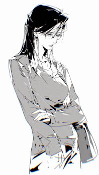 1girl black_hair copyright_request cowboy_shot glasses greyscale hand_on_own_arm highres llmia4 monochrome solo standing