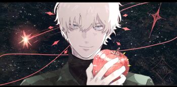 1boy apple black_shirt blonde_hair blue_eyes char_aznable comet commentary food fruit gundam gundam_gquuuuuux hair_between_eyes highres holding holding_food holding_fruit light_trail messy_hair nimo_(monimonicandy) portrait shirouzu_(gundam) shirt short_hair smile solo sparkle sparkling_aura star_(sky) starry_sky_background tsurime turtleneck watermark