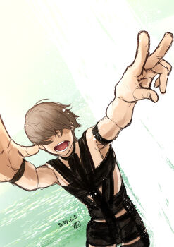 Rule 34 | 1boy, arms up, black bodysuit, bodysuit, brown hair, commentary request, cowboy shot, dated, hair between eyes, hair over eyes, highres, hot limit, kei jiei, long bangs, male focus, open mouth, prince (sennen sensou aigis), revealing clothes, sennen sensou aigis, short hair, solo, t.m.revolution, teeth, v