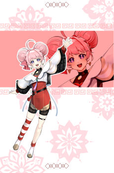 1girl absurdres bow dress encore_(wuthering_waves) hair_between_eyes hair_bow hair_ornament hand_up highres kitekiko looking_at_viewer multiple_girls open_mouth pink_bow pink_hair pink_pupils smile solo wuthering_waves