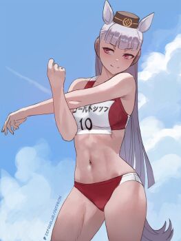 1girl abs animal_ears bare_shoulders blue_sky blunt_bangs blush breasts brown_hat buruma closed_mouth cloud cross-body_stretch gold_ship_(umamusume) grey_hair hashtag-only_commentary hat highres horse_ears horse_girl horse_tail long_hair medium_breasts navel pillbox_hat purple_eyes red_buruma red_sports_bra sky smile solo sports_bra stomach stretching tail track_and_field umamusume zefrableu