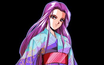 1girl 2_shot_diary black_background blue_kimono game_cg japanese_clothes kimono long_hair long_sleeves looking_at_viewer mink parted_bangs pc-98_(style) purple_eyes purple_hair solo