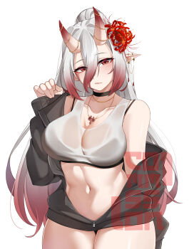 1girl absurdres azuri909 black_choker breasts choker closed_mouth collarbone commentary commission cowboy_shot double-parted_bangs ear_piercing english_commentary eyeliner flower gradient_hair grey_jacket hair_between_eyes hair_flower hair_ornament hand_up highres horns indie_virtual_youtuber jacket jacket_partially_removed jewelry large_breasts long_hair looking_at_viewer makeup multicolored_hair navel necklace oni pandekuwu_(vtuber) piercing pointy_ears red_eyeliner red_eyes red_flower see-through_clothes see-through_sports_bra simple_background skin-covered_horns solo spider_lily sports_bra stomach vgen_commission virtual_youtuber watermark white_background white_hair white_sports_bra