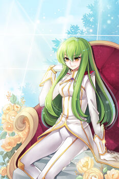 1girl c.c. chair code_geass flower gloves green_hair hair_between_eyes light_smile long_hair pants saya_kohiji_mame shirt sitting solo white_gloves white_pants white_shirt yellow_eyes yellow_flower