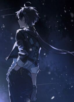 Rule 34 | 1boy, belt, bimyeong 0720, black gloves, black hair, black jacket, commentary request, cropped jacket, floating hair, from behind, gloves, hair behind ear, hand on own hip, jacket, korean commentary, long hair, male focus, male rover (wuthering waves), rover (wuthering waves), shirt, shirt tucked in, sky, sleeve cuffs, solo, standing, star (sky), starry sky, very long hair, white shirt, wuthering waves