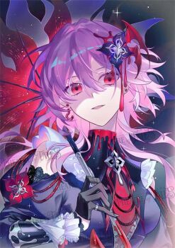 1girl alternate_costume bat_wings commentary dress earrings english_commentary evernight_(honkai:_star_rail) flower frilled_sleeves frills gloves hair_between_eyes hair_flower hair_ornament holding holding_umbrella honkai:_star_rail honkai_(series) jewelry lace layered_dress layered_sleeves long_hair march_7th_(honkai:_star_rail) parted_lips pink_hair red_eyes red_flower ring single_bare_shoulder single_earring sovereignteam umbrella wings