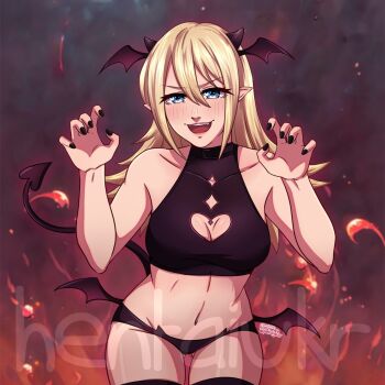1girl :d bare_shoulders bat_wings black_panties blonde_hair blue_eyes breasts cat_ear_panties claw_pose clothing_cutout demon_girl demon_horns demon_tail demon_wings fangs hair_between_eyes halterneck head_wings heart_cutout henna_(hentaiukr) hentaiukr highres horns korzynka_persykiv long_hair looking_at_viewer nail_polish navel open_mouth panties simple_background smile solo tail thighhighs ukrainian_flag underwear white_background wings