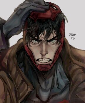 1boy bat_signal batman_(series) batman_symbol black_bodysuit black_gloves black_hair bodysuit brown_jacket coquetteleon dc_comics gloves green_eyes grey_bodysuit highres jacket jason_todd male_focus mask multicolored_bodysuit muscular muscular_male open_clothes red_hood_(dc) red_mask short_hair superhero_costume taut_bodysuit two-tone_bodysuit western_comics_(style)