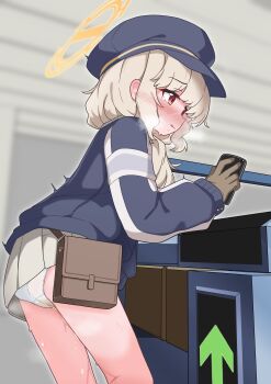 1girl absurdres aoba_(blue_archive) blue_archive blue_jacket blush commentary_request gloves halo hat highres jacket lmc_(lmcgarage) long_sleeves panties peeing peeing_self pleated_skirt red_eyes skirt solo underwear white_panties yellow_halo