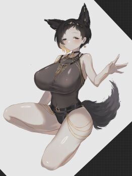 1girl alternate_breast_size_(larger) animal_ears belt binah_(project_moon) black_eyes black_hair blush breasts chain colored_inner_hair covered_erect_nipples ee_extension_02 fake_tail fox_ears gold_chain highres huge_breasts leotard multicolored_hair navel project_moon semi-transparent tail