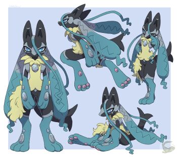 1other absurdres animal_ears black_fur blue_eyes blue_fur body_fur closed_mouth commentary_request full_body furry gen_4_pokemon highres looking_at_viewer lucario mega_lucario_z mega_pokemon mochiri_(mochiri_work) multicolored_fur multiple_views nintendo one_eye_closed other_focus pokemon pokemon_(creature) pokemon_focus pokemon_legends:_z-a sitting tail yellow_fur
