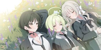 Rule 34 | 3girls, :3, ahoge, arm behind head, blue archive, bow, bowtie, braid, breasts, choker, choppy bangs, cleavage, closed eyes, closed mouth, collared shirt, commentary, diagonal-striped bow, diagonal-striped bowtie, diagonal-striped clothes, diagonal-striped necktie, ear piercing, frown, fuyu (blue archive), grass, green bow, green bowtie, green choker, green eyes, green hair, green halo, green jacket, green necktie, grey hair, grey skirt, hair bow, hair ribbon, halo, highres, huge ahoge, jacket, kaerunrun, large breasts, letterman jacket, long hair, long sleeves, loose bowtie, loose necktie, lying, miyo (blue archive), mole, mole under eye, multiple girls, necktie, nose bubble, on back, on ground, open clothes, open collar, open jacket, piercing, plaid clothes, plaid skirt, print jacket, puffy long sleeves, puffy sleeves, revision, ribbon, ribbon braid, ritsu (blue archive), school uniform, shirt, short hair, sidelighting, skirt, sleeping, smile, star (symbol), star print, striped bow, striped bowtie, striped clothes, striped necktie, sunburst, sunlight, sweatdrop, unbuttoned, unbuttoned shirt, unkempt, upper body, wavy hair, white bow, white shirt