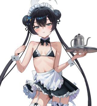 1girl alternate_costume apron bare_shoulders bikini black_bikini black_bow black_bowtie black_panties black_ribbon black_skirt blue_archive blush bowtie breasts butterfly_hair_ornament cameltoe collar collarbone commentary detached_collar double_bun english_commentary frilled_apron frilled_bikini frilled_collar frilled_headwear frilled_skirt frilled_thigh_strap frills garter_straps gluteal_fold grey_eyes grey_hair grey_halo hair_between_eyes hair_bun hair_ornament half-closed_eyes halo hands_up holding holding_teapot holding_tray iino_(isnyong) kettle kisaki_(blue_archive) loli long_hair looking_at_viewer maid maid_headdress nabarevel navel panties parted_lips ribbon simple_background skirt small_breasts solo stomach swimsuit tea_kettle teapot thigh_strap thighhighs tray twintails underboob underwear very_long_hair white_apron white_background white_garter_straps white_thighhighs wrist_cuffs zettai_ryouiki