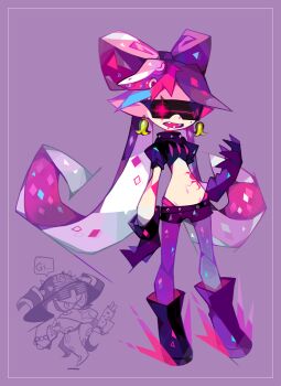 1girl alternate_costume amakusa_(hidorozoa) black_hair callie_(octo_idol_outfit)_(splatoon) callie_(splatoon) earrings fangs female_focus full_body gloves hair_ornament inkling jewelry long_hair midriff mole mole_under_eye navel nintendo open_mouth pantyhose pantyhose_under_shorts red-tinted_eyewear shorts solo splatoon_(series) splatoon_2 spoilers sunglasses tattoo tech_control tentacle_hair tinted_eyewear very_long_hair